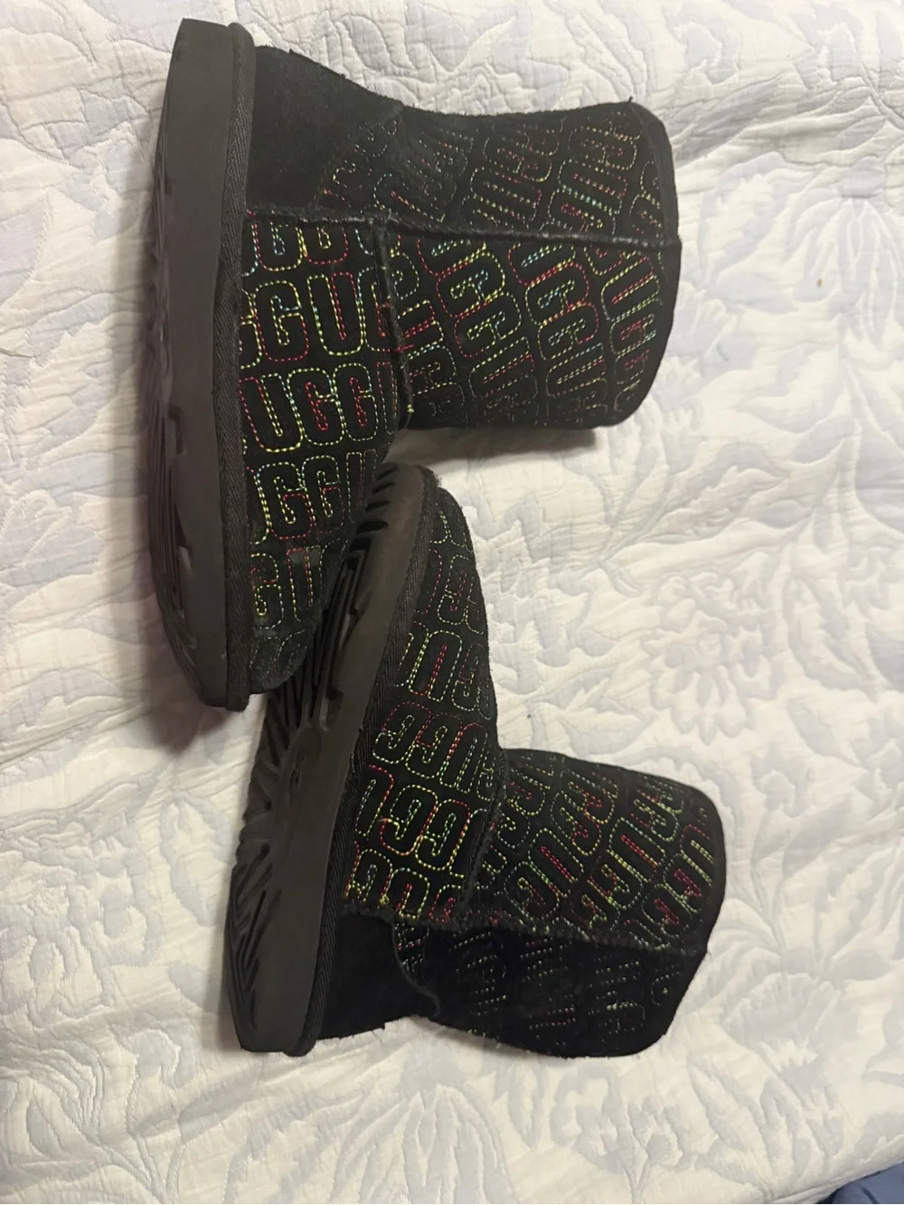 UGG Black Short Boots with Multicolor Logo Stitching
